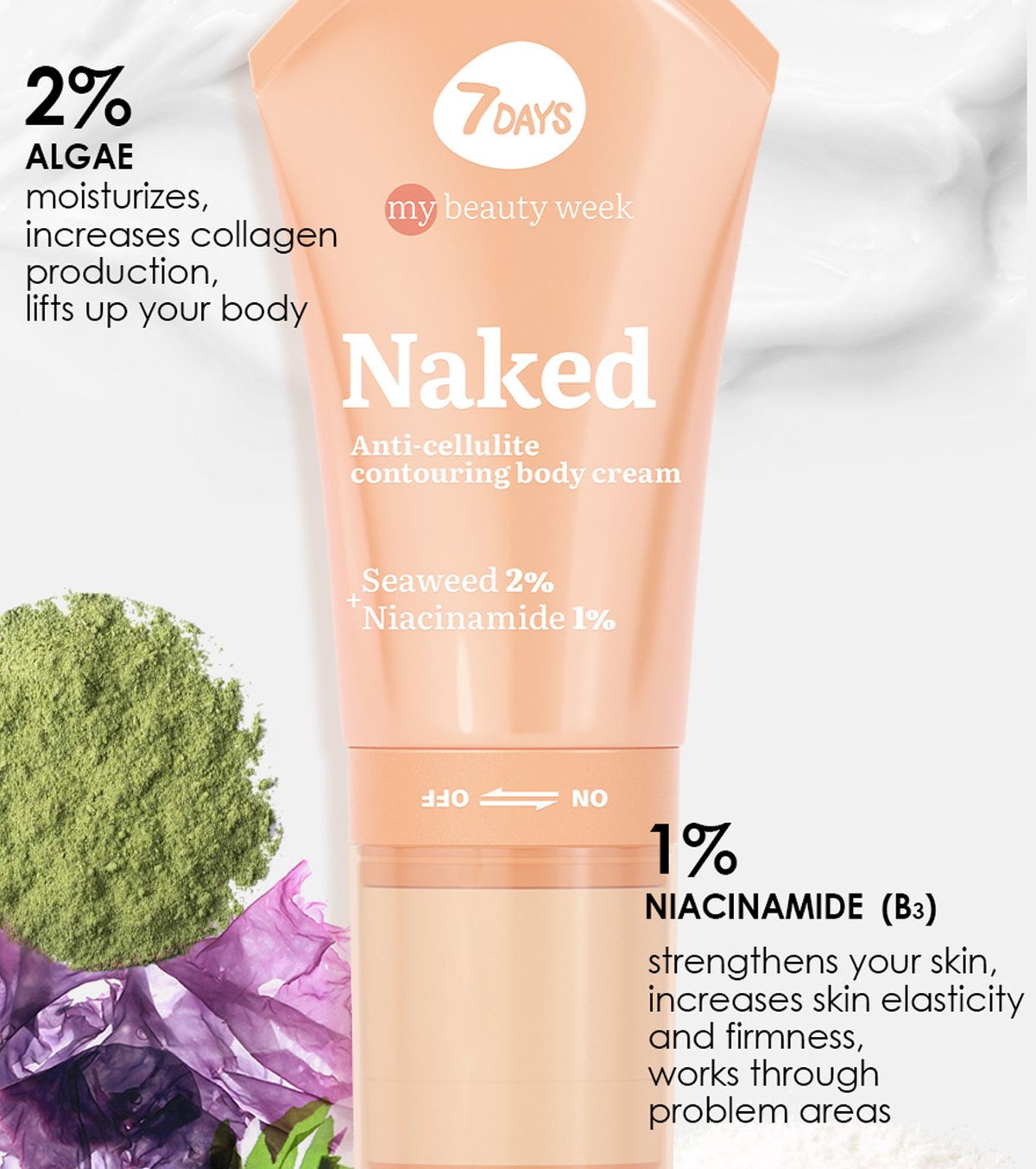 7DAYS MY BEAUTY WEEK NAKED Anti-celulit krema za telo Seaweed 2% + Niacinamide 1%, 130 ml | VESNA.RS