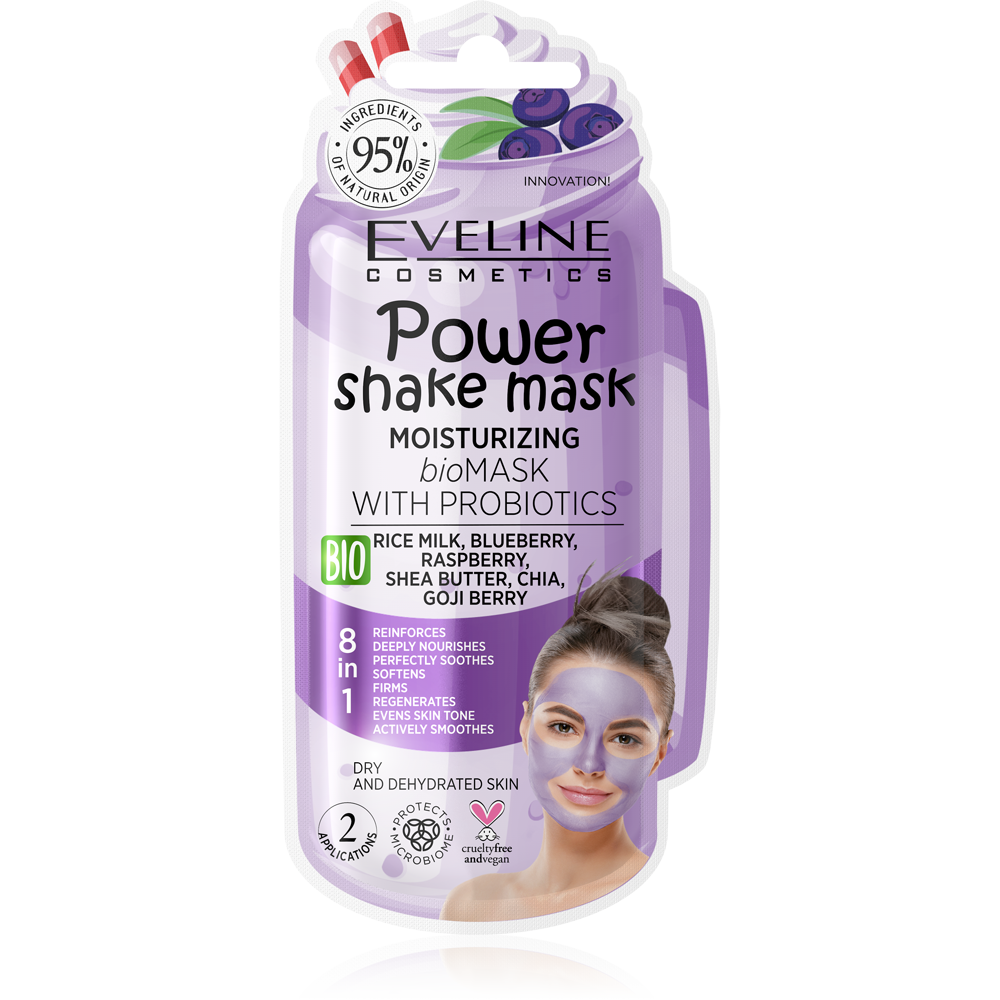 EVELINE Power Shake Mask - Hidrantna maska za lice sa probioticima, Aroma Borovnice | VESNA.RS