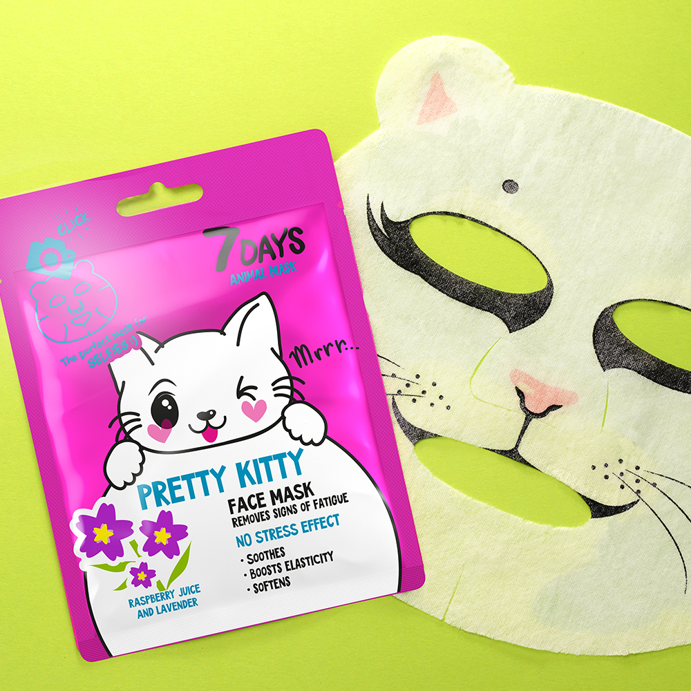 7DAYS PRETTY KITTY Sheet maska za lice koja uklanja znakove umora sa sokom Maline i Lavandom | VESNA.RS