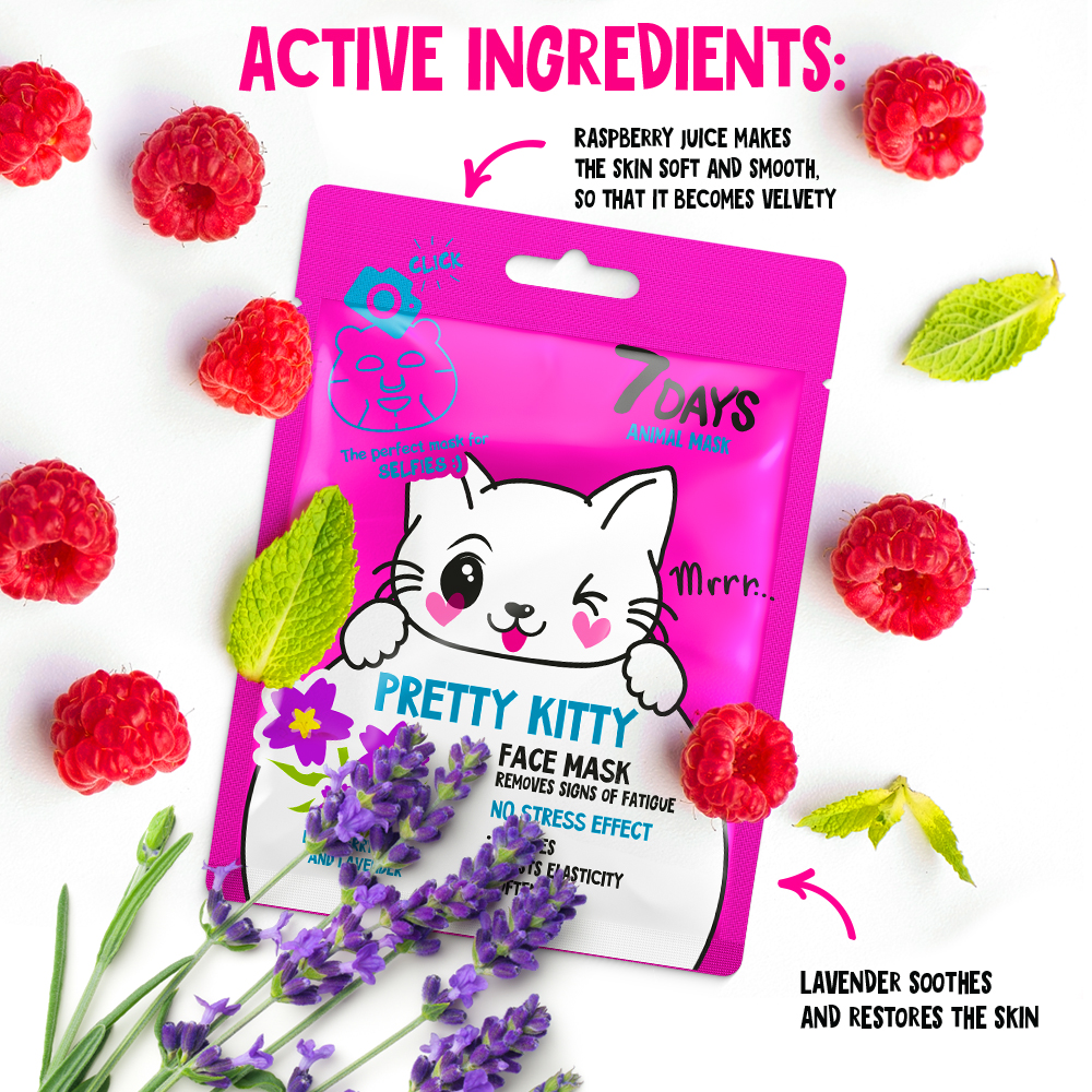 7DAYS PRETTY KITTY Sheet maska za lice koja uklanja znakove umora sa sokom Maline i Lavandom | VESNA.RS