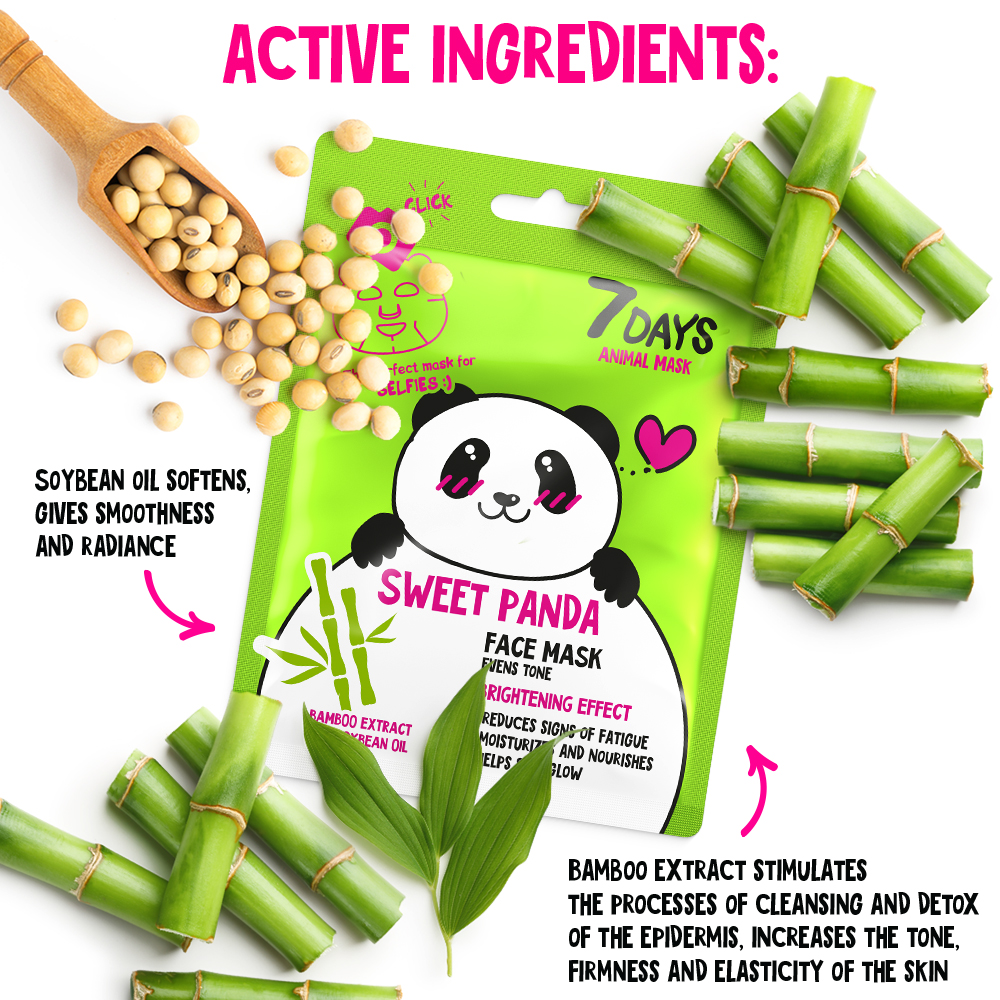 7DAYS SWEET PANDA Sheet maska za lice koja ujednačava ton sa ekstratom Bambusa i Sojinim uljem | VESNA.RS