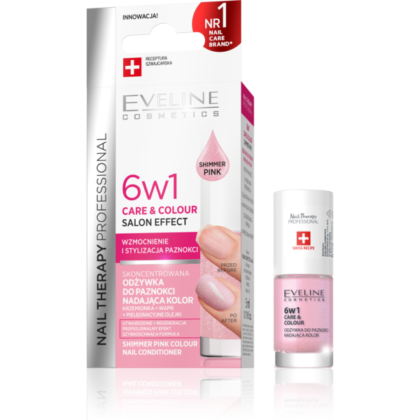 EVELINE Nega noktiju - 6in1 Care&Colour Shimmer Pink 5ml | VESNA