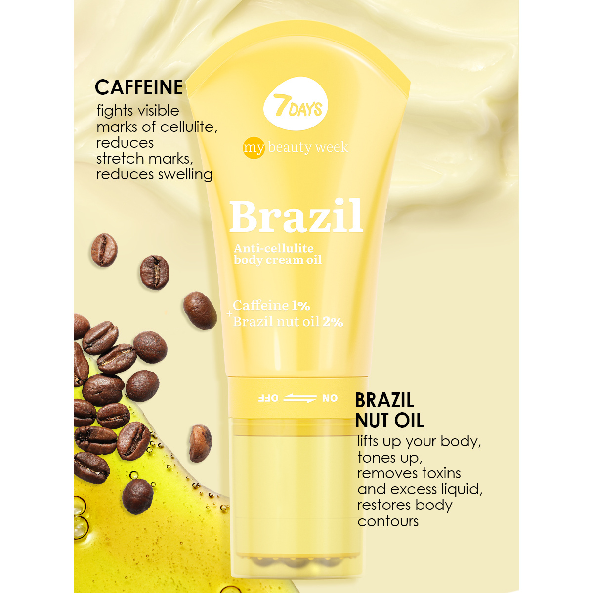 7DAYS MY BEAUTY WEEK BRAZIL Anti-celulit masažer-krema za telo oil Caffeine 1%+ Brazil nut oil 2%, 130 ml | VESNA.RS